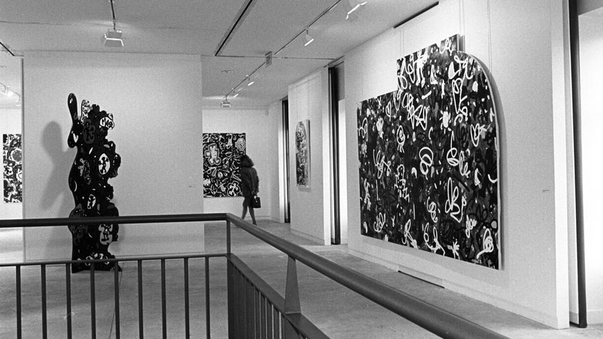 photo noir et blanc de l'exposition de l'artsite melik ouzani à la maison des arts